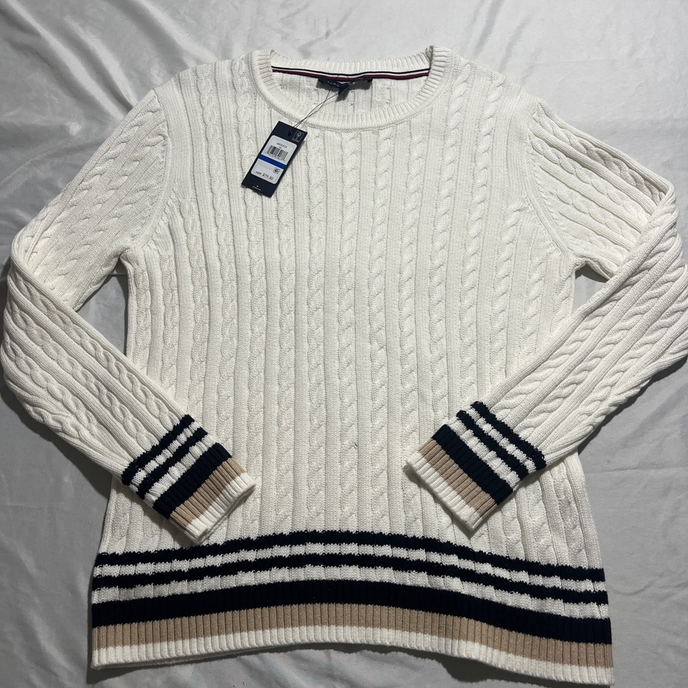 Tommy Hilfiger Cable Knit Crew Neck Sweater Size Medium Ivory Stripe Pullover
